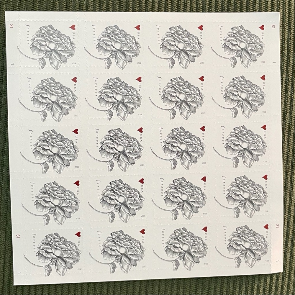 50 Books Forever Stamps Sheet with Gray Floral Illustration and Red Heart Accent